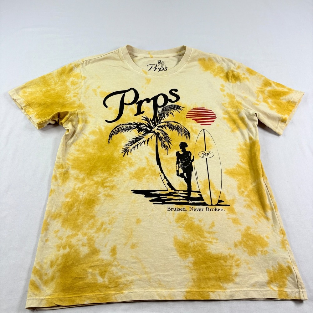 PRPS‎ Shirt Mens Medium Yellow Tie Dye Surf Graphic Crew Neck Short Sleeve
